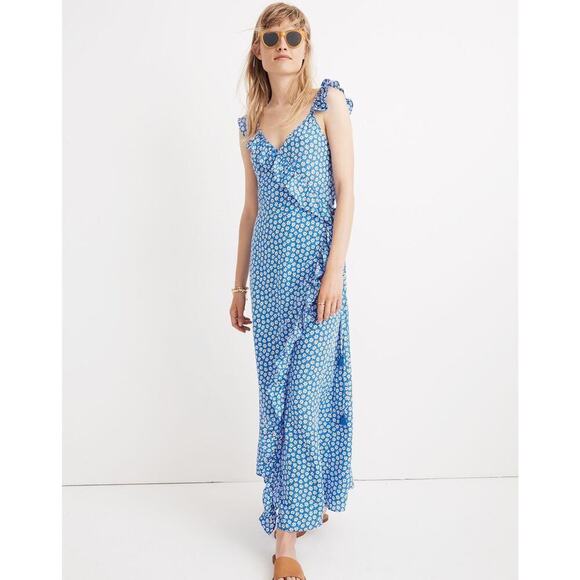Madewell Ruffled Wrap Maxi Dress in Mini Daisy Floral Blue Size 8 Prairie Spring - Picture 1 of 11